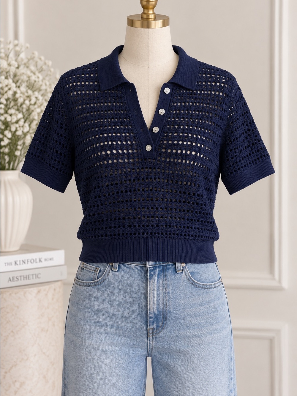 Sonoma Navy Open-Knit Short Sleeve Polo Crop Top